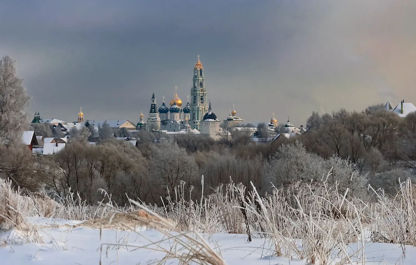 Photo wallpaper winter, snow, trees, landscape, nature, the dome, the monastery, The Trinity-Sergius Lavra