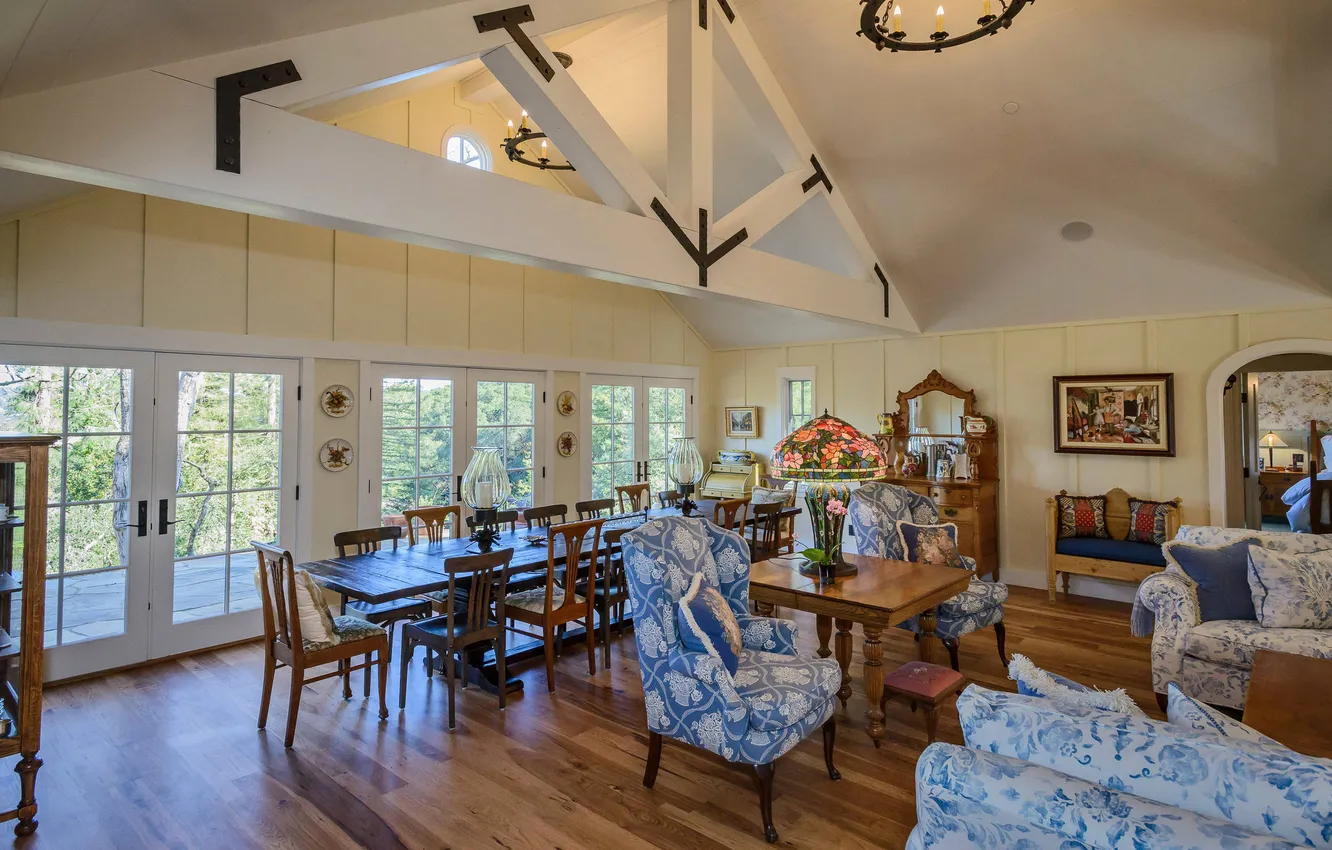 Photo wallpaper design, Villa, interior, dining room, colonial style, Storybook home in Orinda, blue and yellow living …