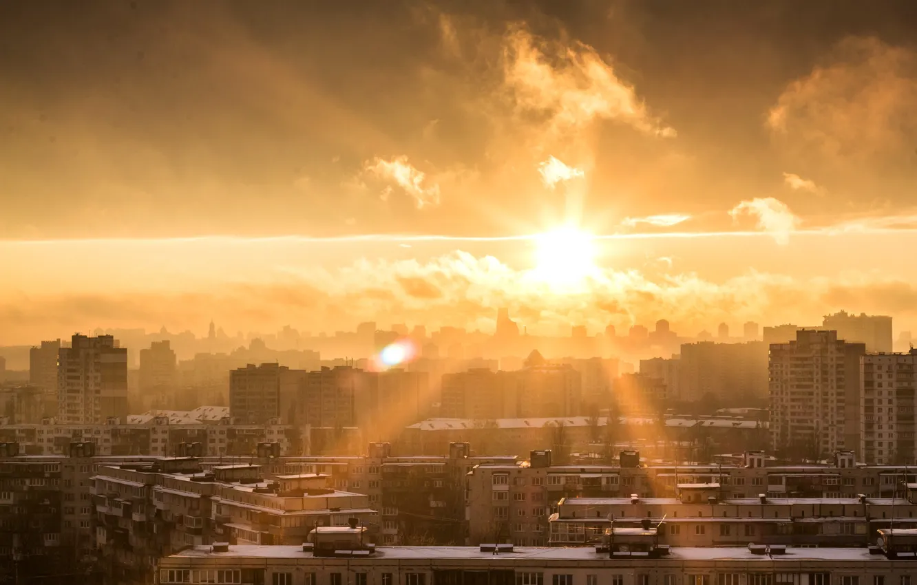Photo wallpaper roof, the sky, the sun, clouds, rays, dawn, home, Ukraine