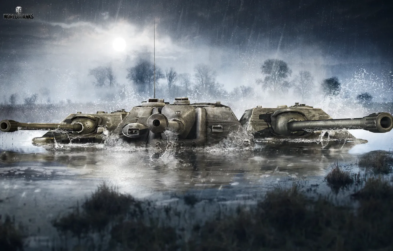 Photo wallpaper The sky, Water, Clouds, Trees, Rain, WoT, World of Tanks, World Of Tanks