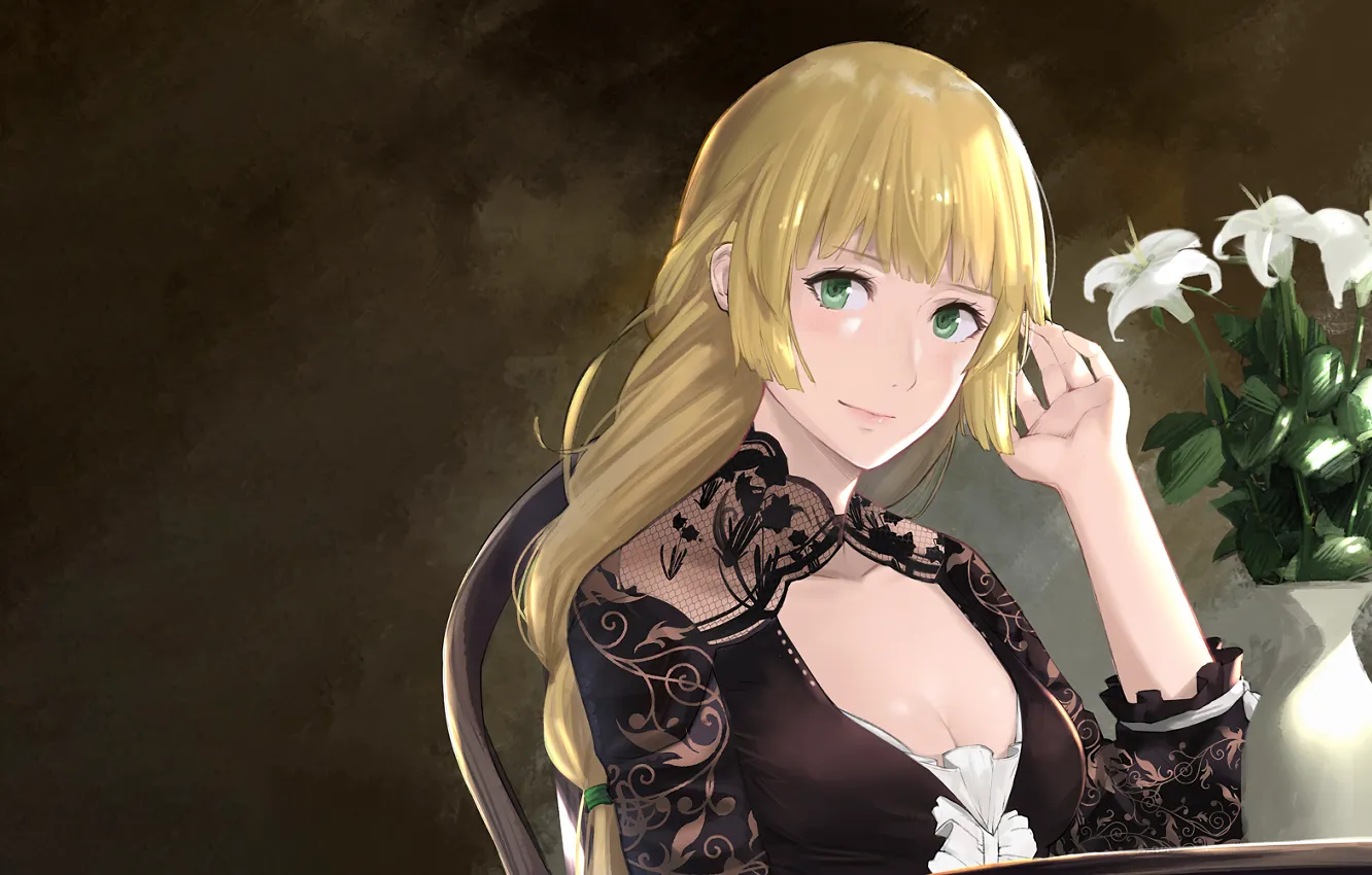 Photo wallpaper girl, sexy, cleavage, blouse, green eyes, long hair, boobs, anime