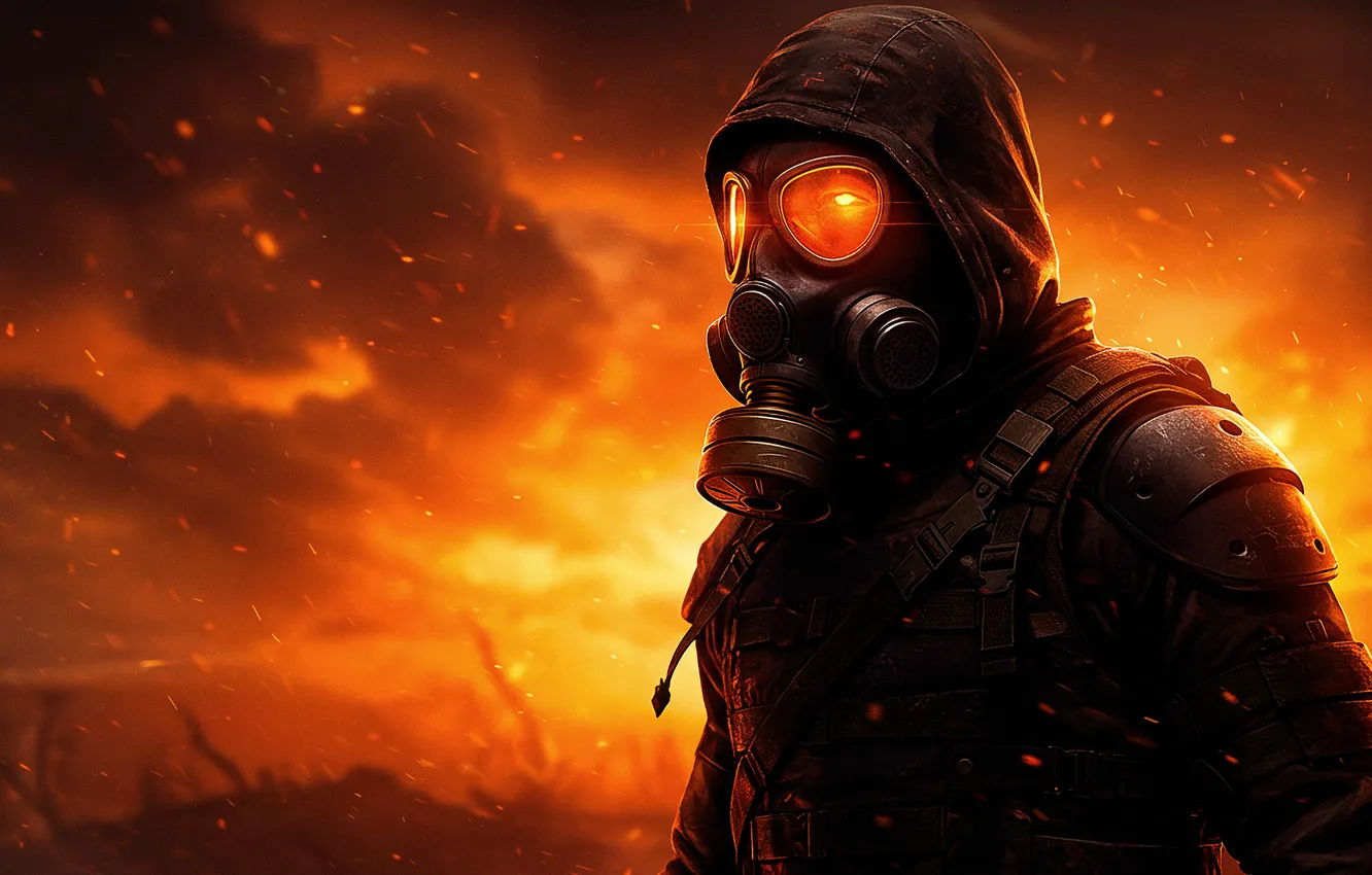 Photo wallpaper lights, Wallpaper, Apocalypse, art, gas mask, wallpaper, fire, art