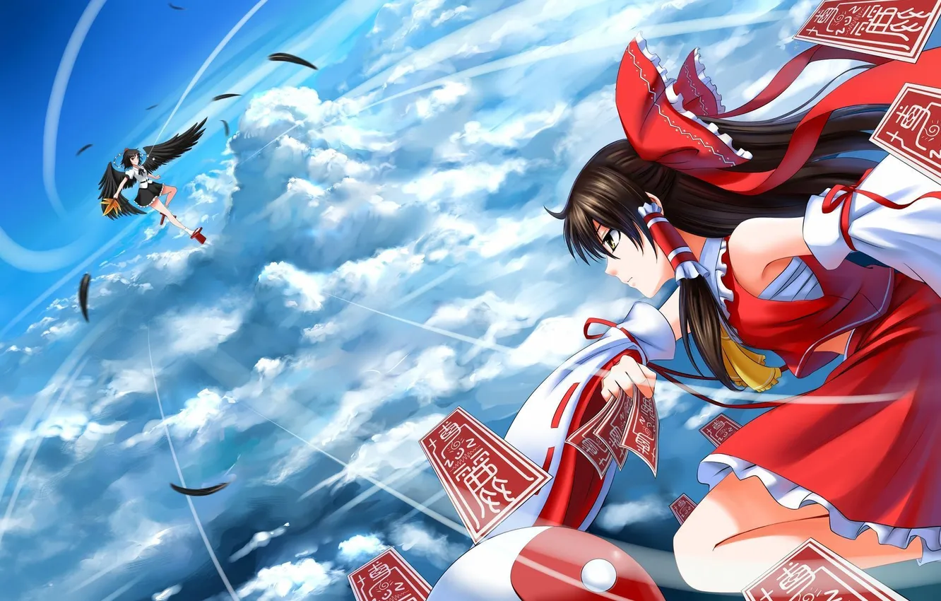 Photo wallpaper clouds, wings, Girls, feathers, battle, action