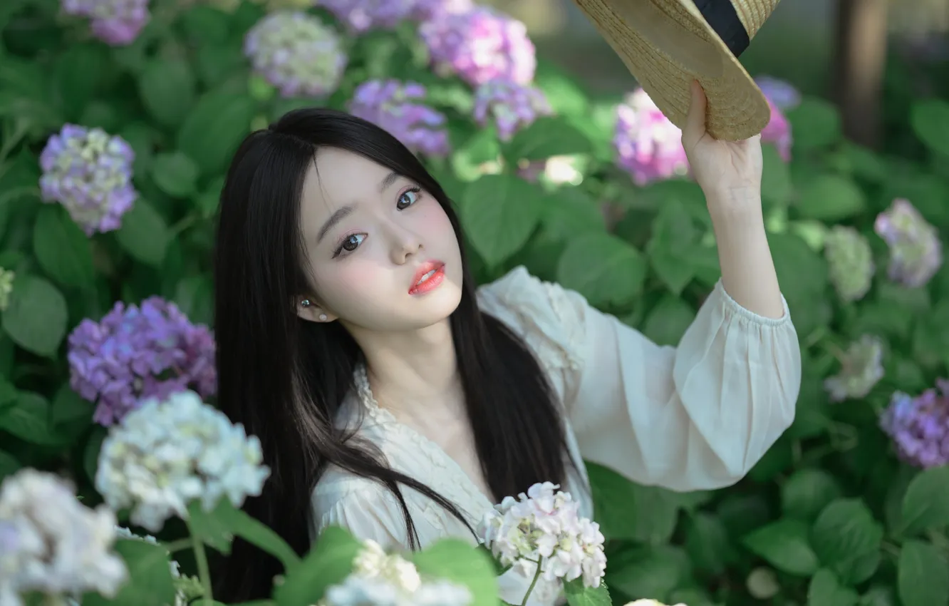 Photo wallpaper Beautiful, Asian, Model, Flowers, Woman, Hat, Cute, Pretty