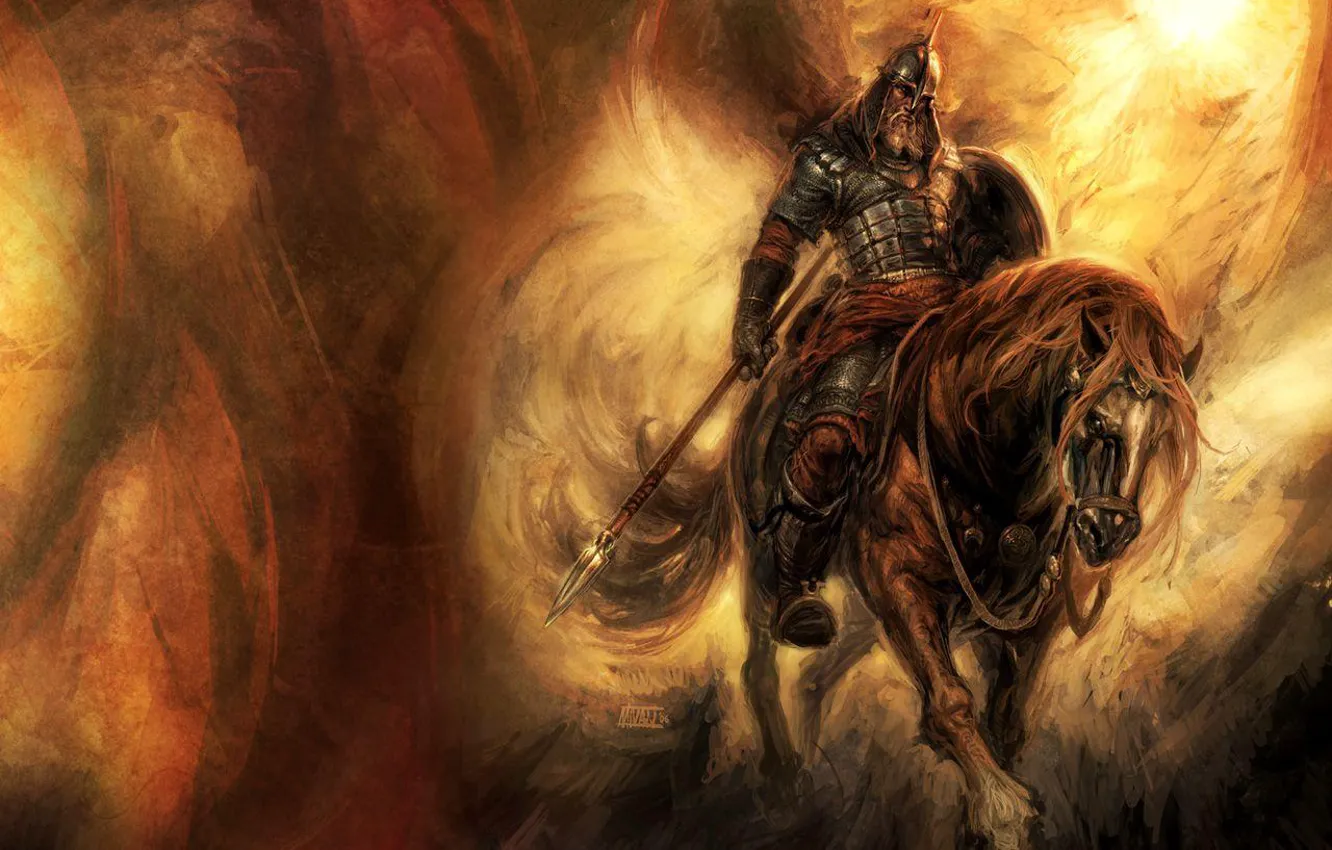 Photo wallpaper horse, warrior, shield, mail, hero, spear