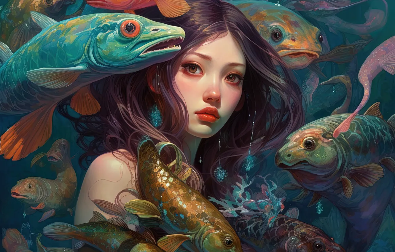 Photo wallpaper look, girl, fish, face, mermaid, under water, neural network