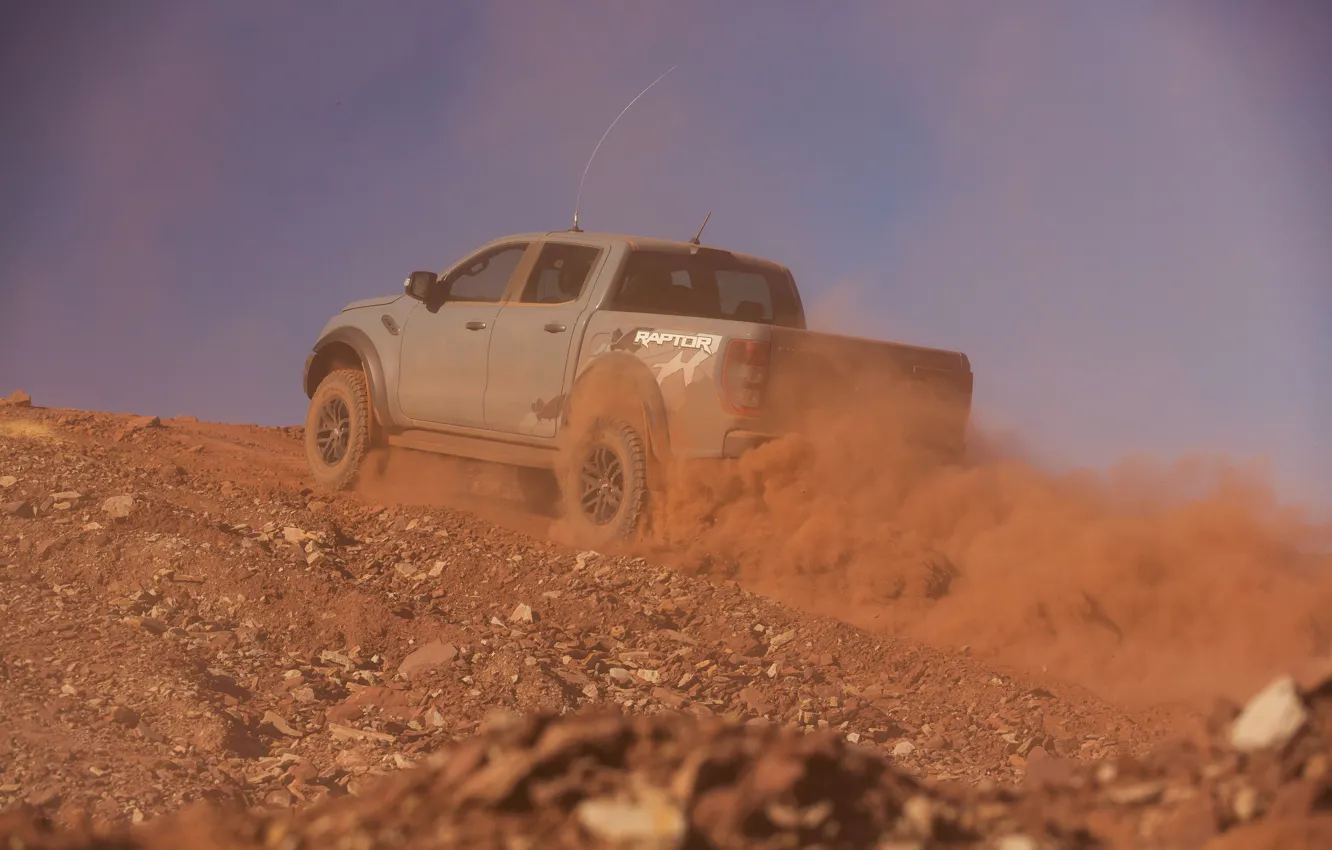 Photo wallpaper grey, Ford, dust, Raptor, pickup, the rise, 2018, Ranger