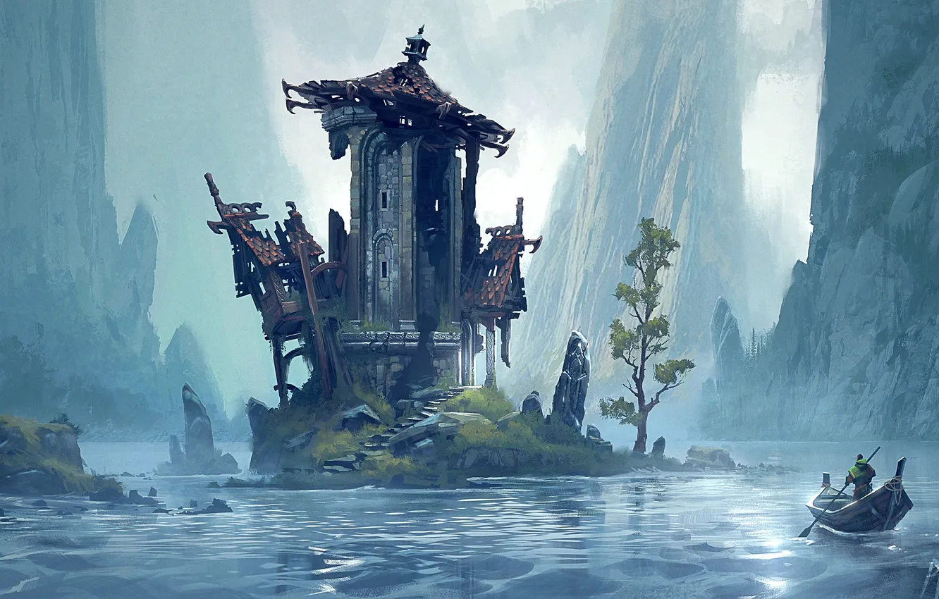 Photo wallpaper house, fantasy, tower, river, mountains, island, ruins, digital art