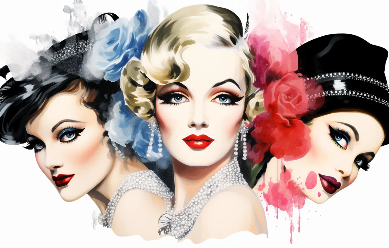 Photo wallpaper look, girl, decoration, flowers, eyelashes, style, retro, roses