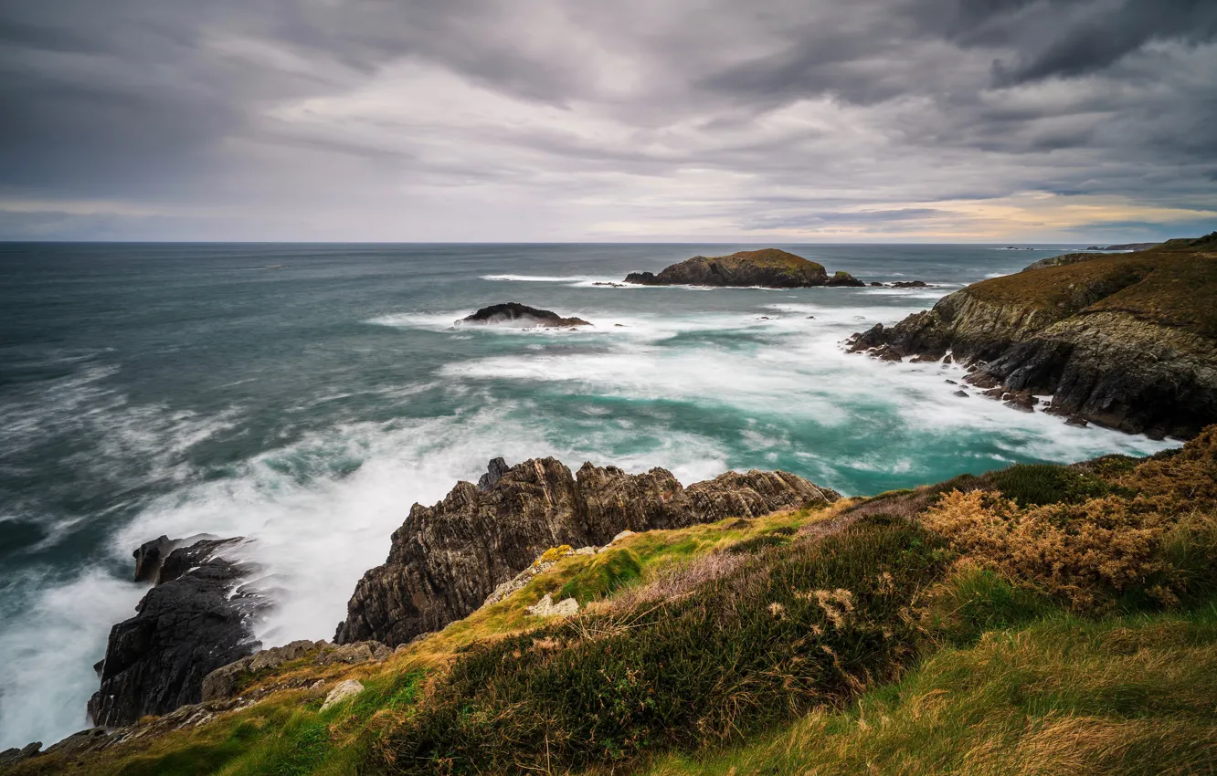 Photo wallpaper sea, wave, the sky, grass, clouds, clouds, overcast, rocks