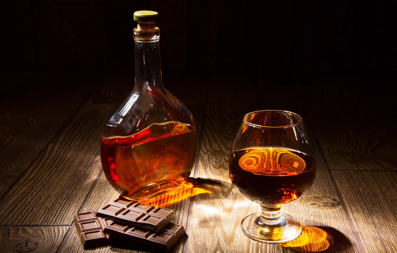 Photo wallpaper glass, bottle, chocolate, alcohol, cognac