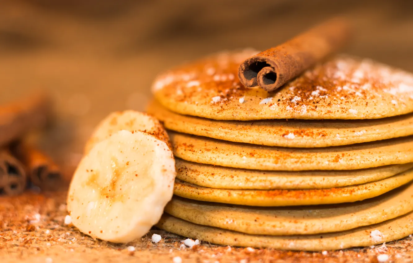Photo wallpaper Breakfast, bananas, cinnamon, pancakes, delicious