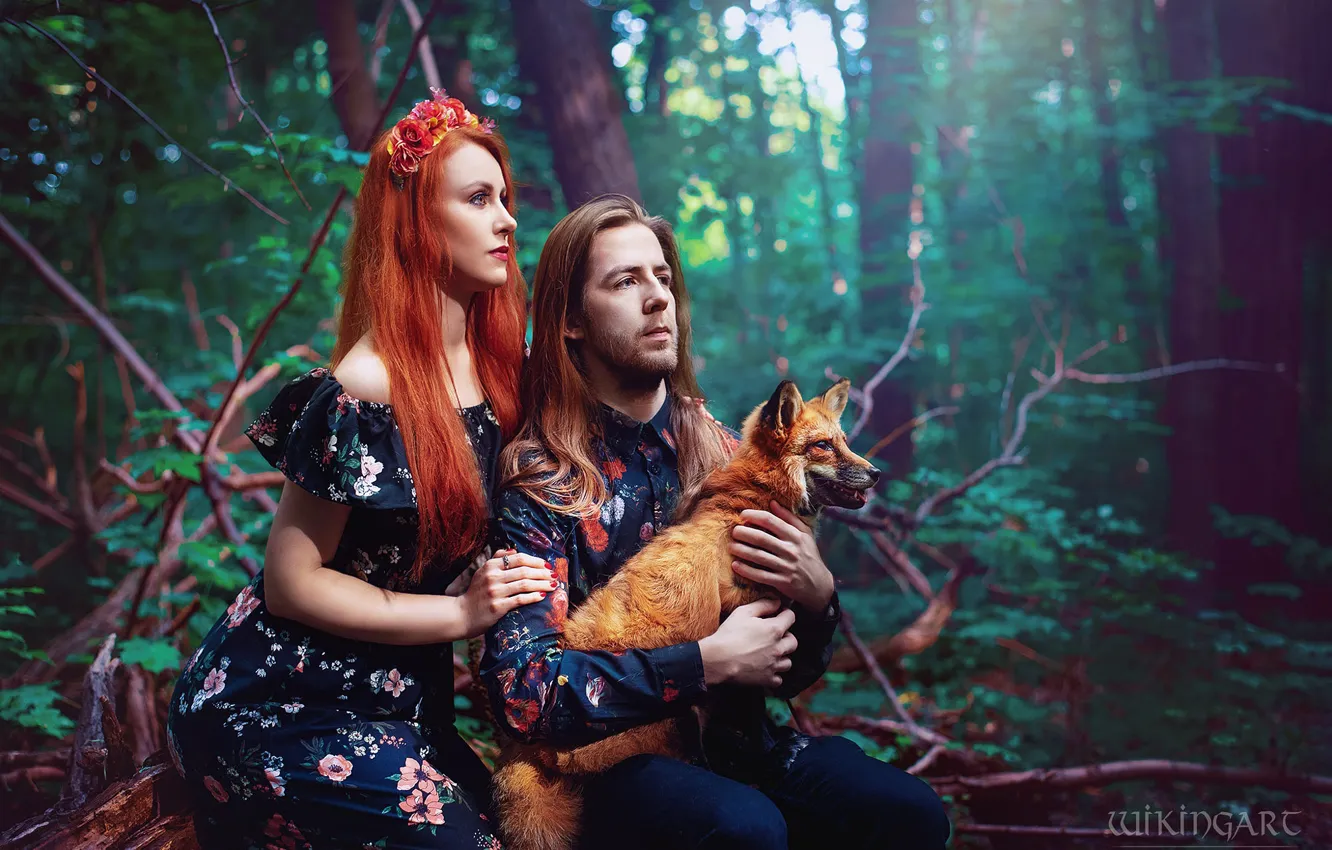 Photo wallpaper forest, look, girl, branches, nature, makeup, dress, Fox