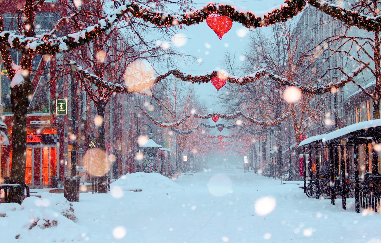 Photo wallpaper snow, decoration, the city, mood, street, Holiday