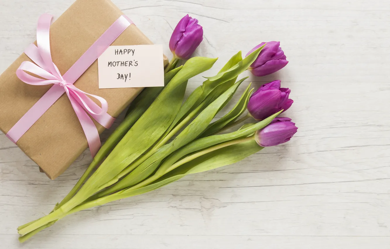 Photo wallpaper flowers, gift, bouquet, tulips, happy, flowers, tulips, purple