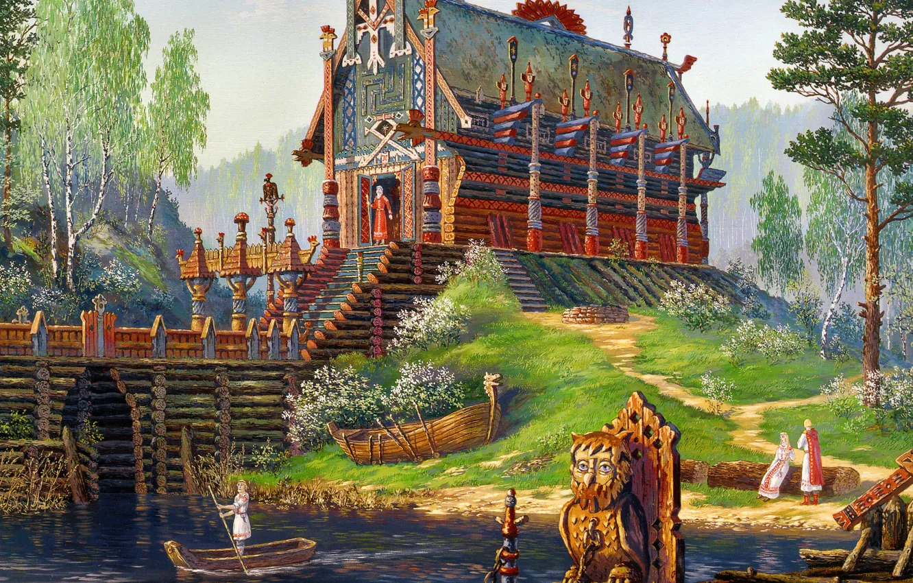 Photo wallpaper river, boat, spring, temple, painting, art, history, Vsevolod Ivanov
