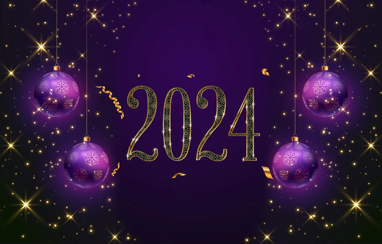 Photo wallpaper gold, balls, new year, figures, golden, balls, New Year, purple