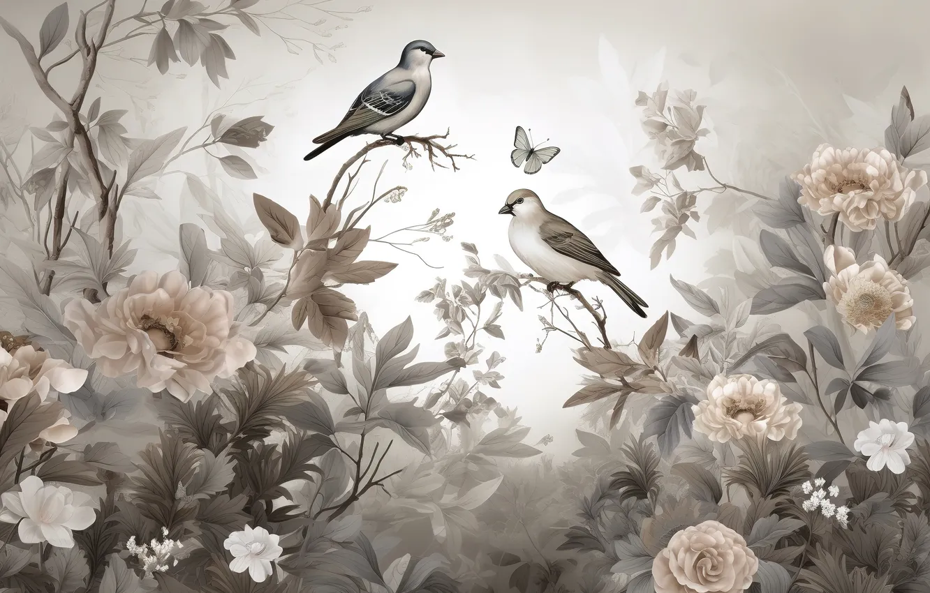 Photo wallpaper summer, leaves, light, flowers, branches, thickets, bird, butterfly