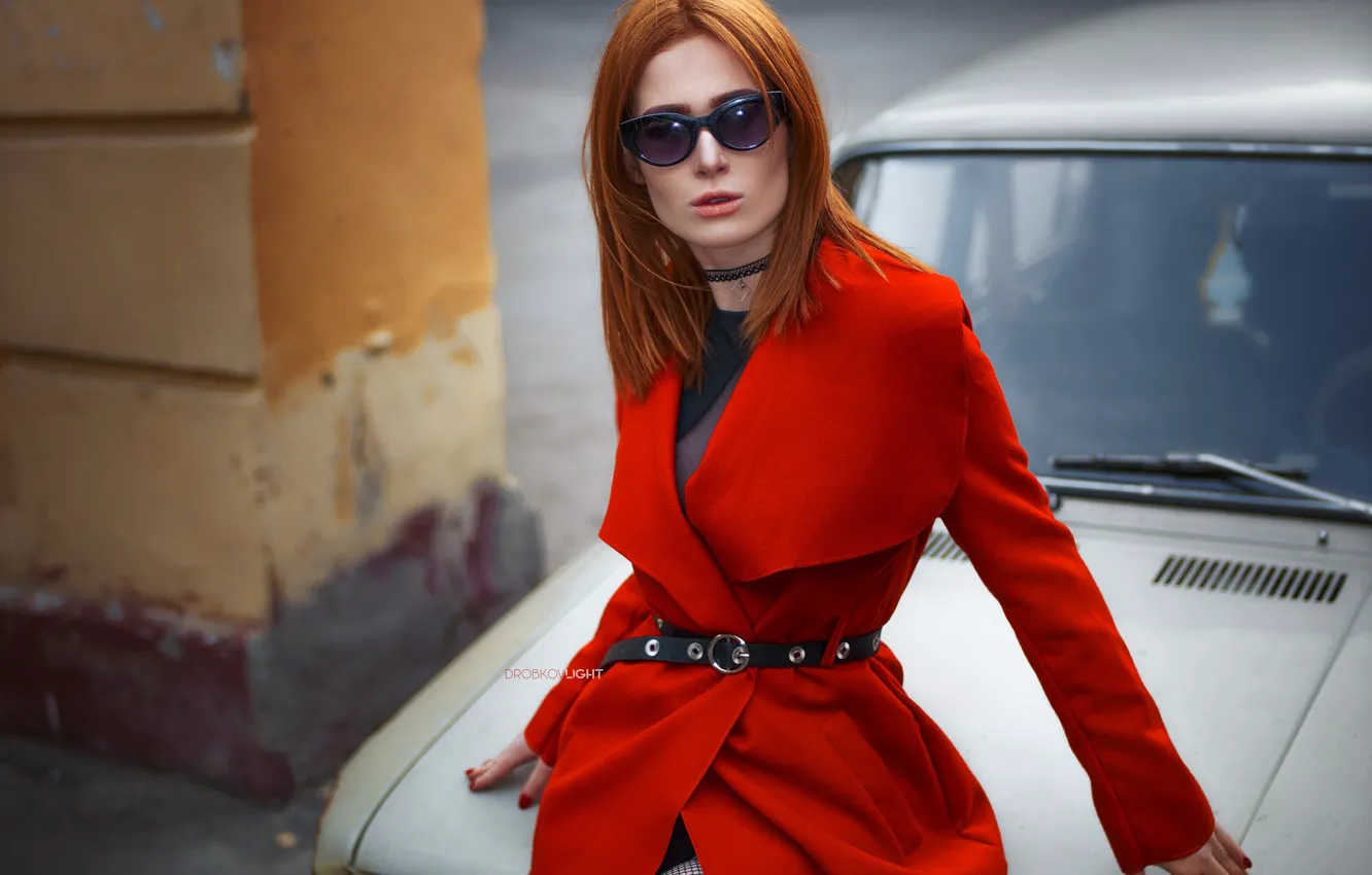 Photo wallpaper machine, auto, style, model, glasses, red, redhead, coat