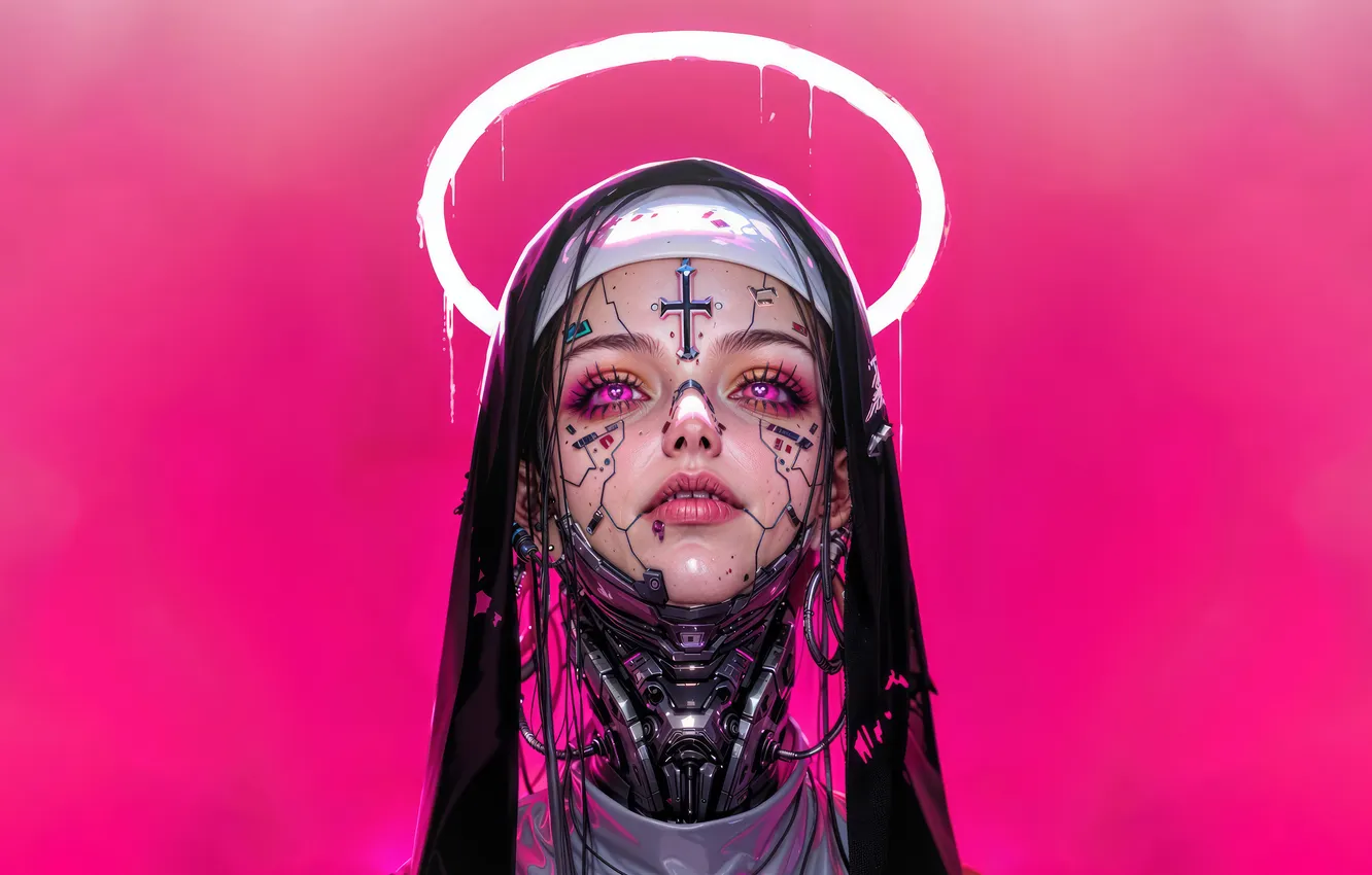 Photo wallpaper girl, anime, sci-fi, anime girl, pink background, now, Cyberpunk, AI Art