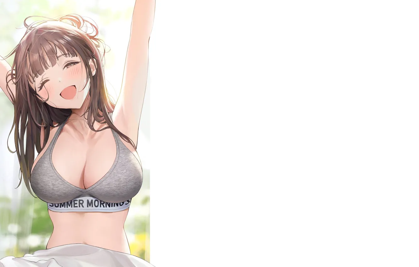 Photo wallpaper girl, Stretch, boobs, smile, anime, breasts, babe, smiling