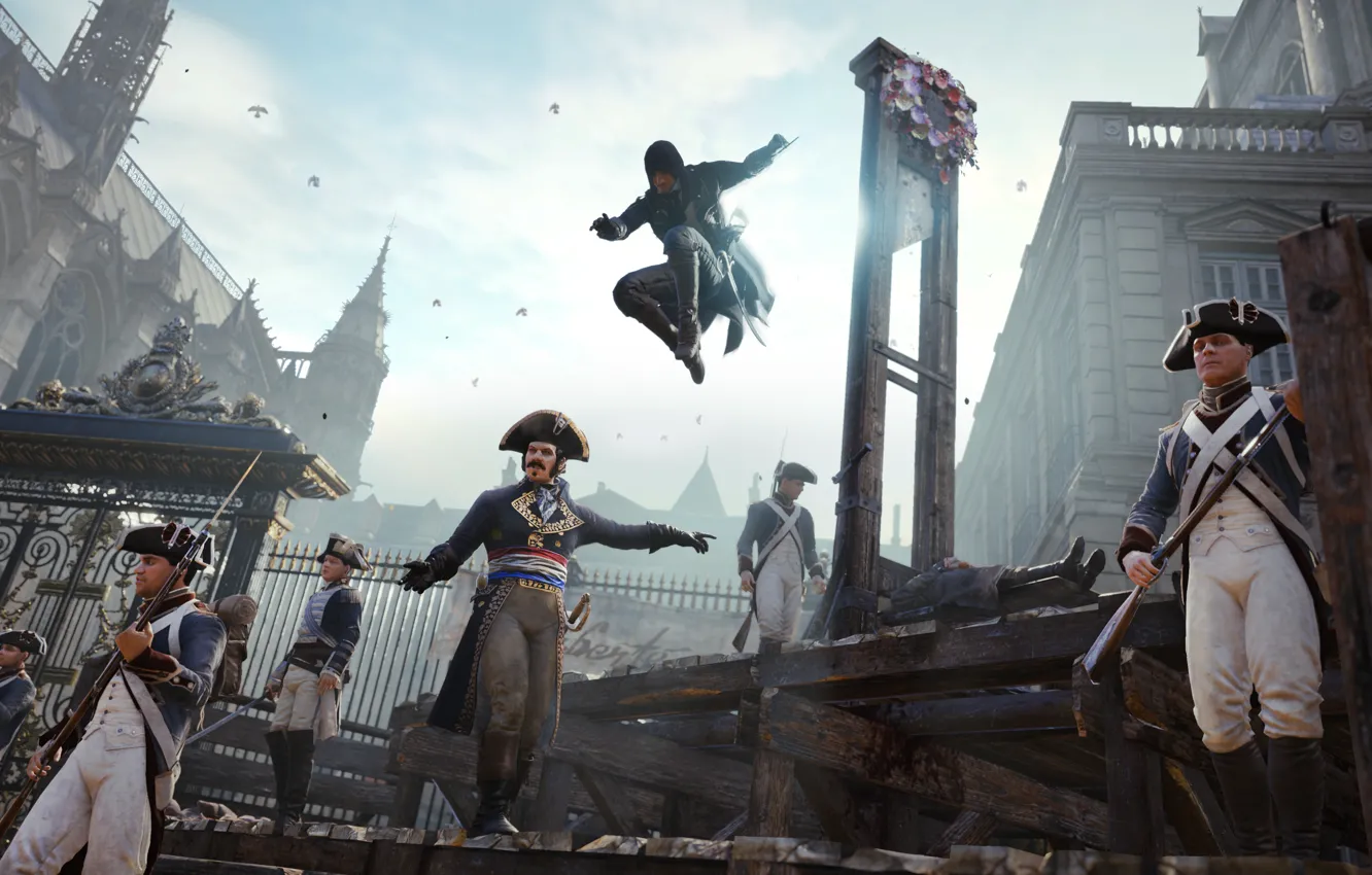 Photo wallpaper murder, soldiers, assassin, guards, guillotine, Assassin's Creed: Unity