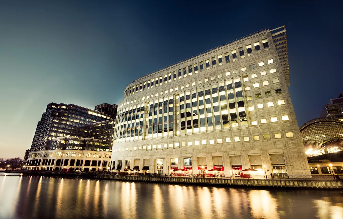 Photo wallpaper night, lights, England, London, London, England, Canary Wharf