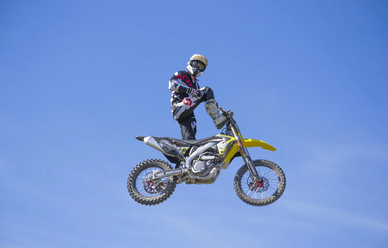 Photo wallpaper the sky, clouds, maneuver, rider, motocross, freestyle, FMX, extreme sports