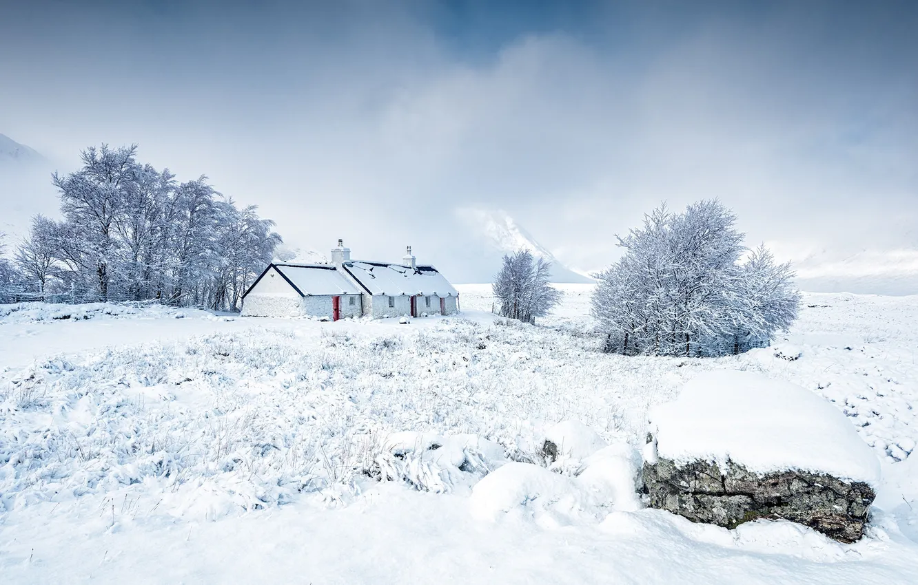 Photo wallpaper winter, field, house