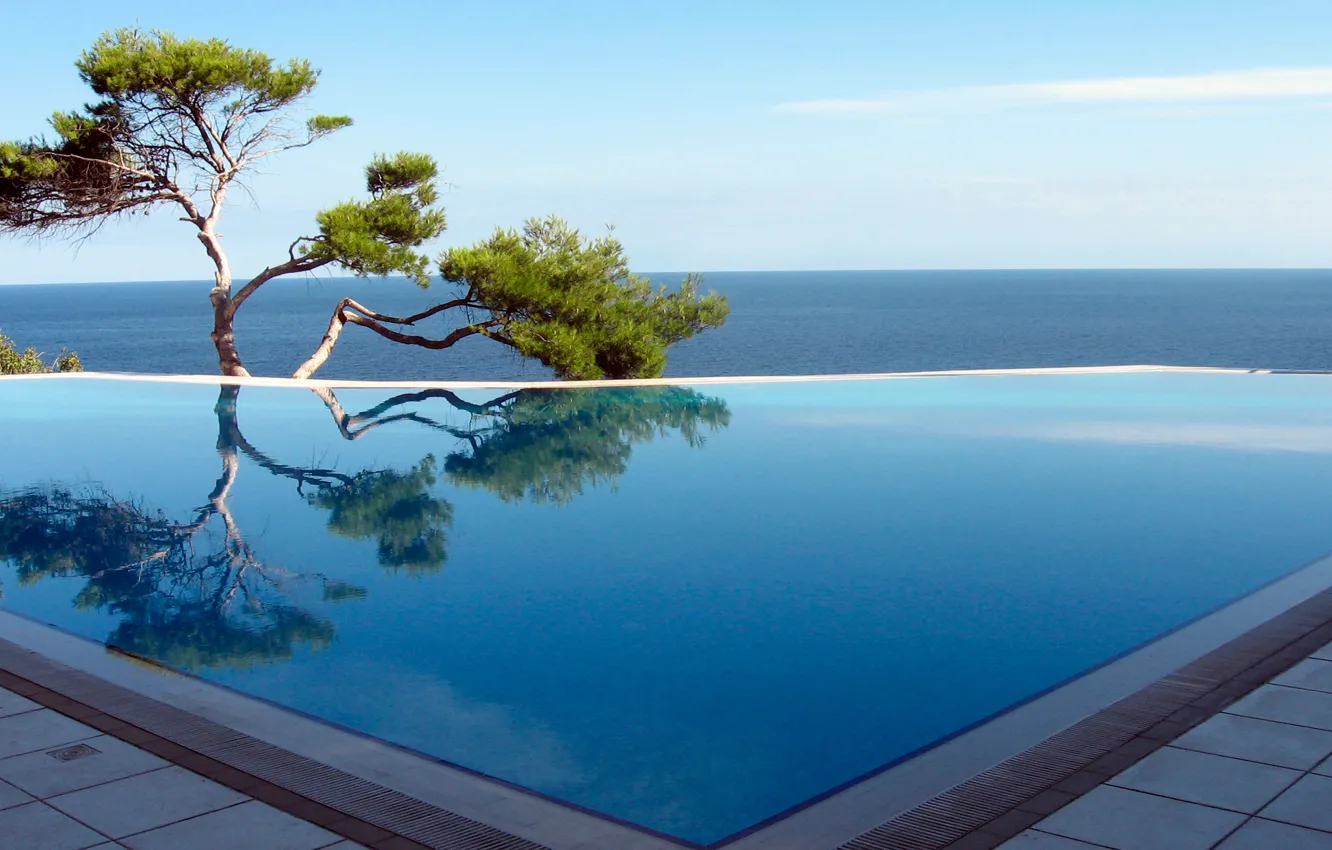 Photo wallpaper sea, trees, pool