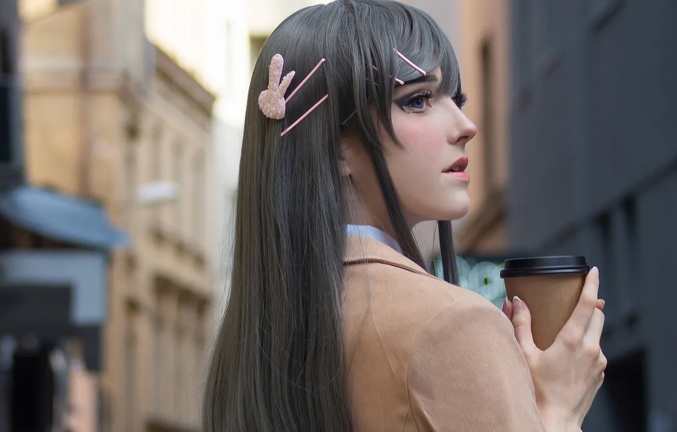 Photo wallpaper glass, woman, beautiful, model, pretty, cosplay, reflection, coffee