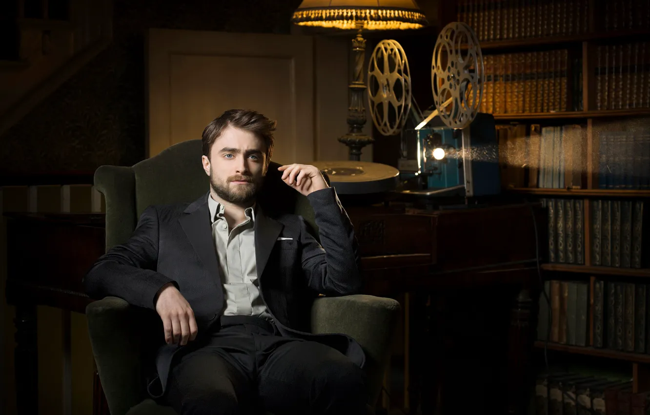 Photo wallpaper pose, books, costume, actor, twilight, sitting, Daniel Radcliffe, photoshoot