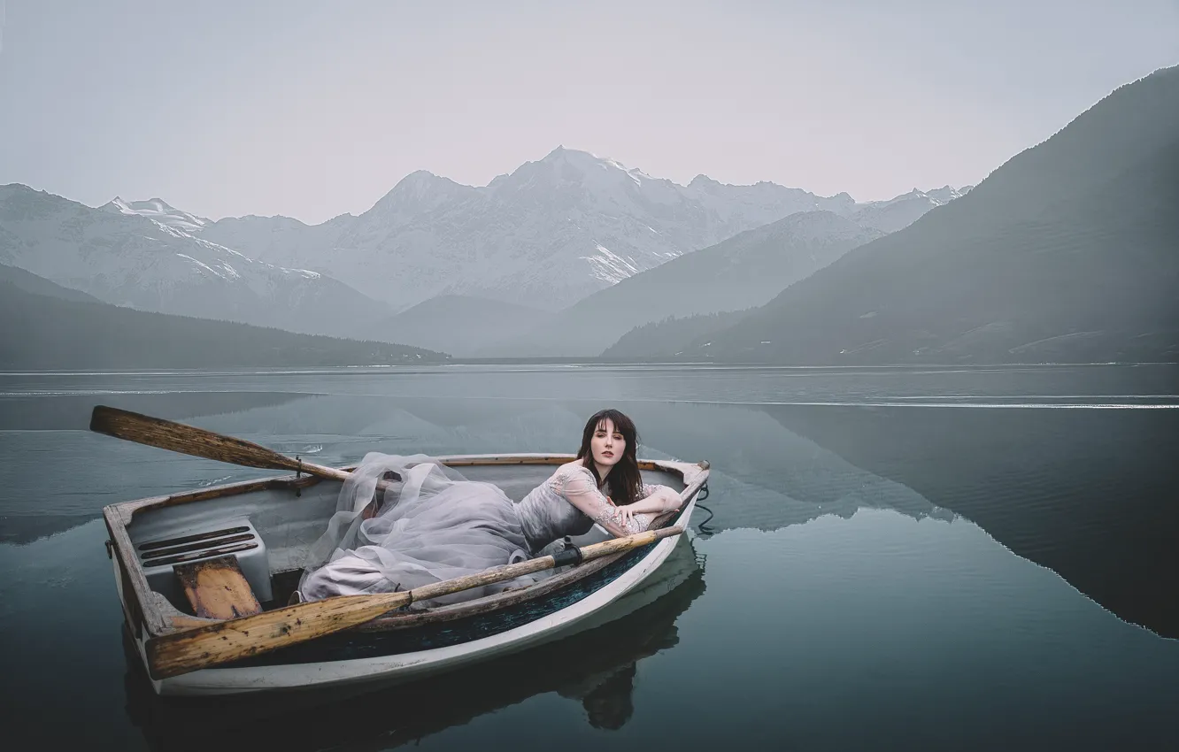 Photo wallpaper girl, mountains, pose, lake, boat, the situation, dress, paddles