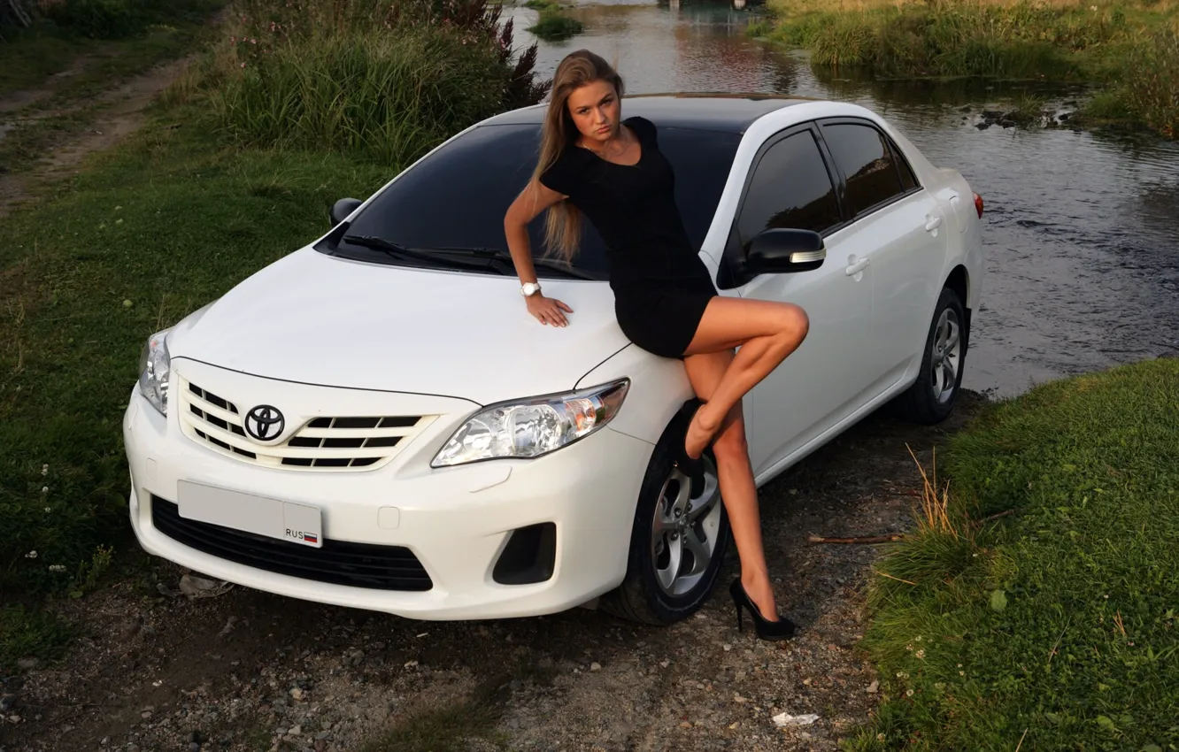 Photo wallpaper greens, look, girl, stream, Toyota, beautiful girl, white car