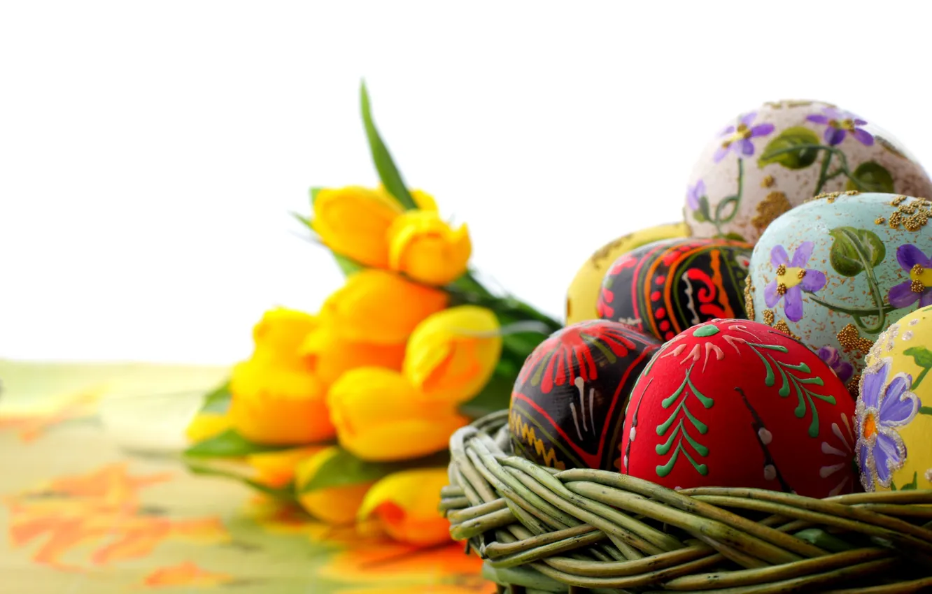 Photo wallpaper macro, yellow, holiday, eggs, focus, Easter, tulips, ornament