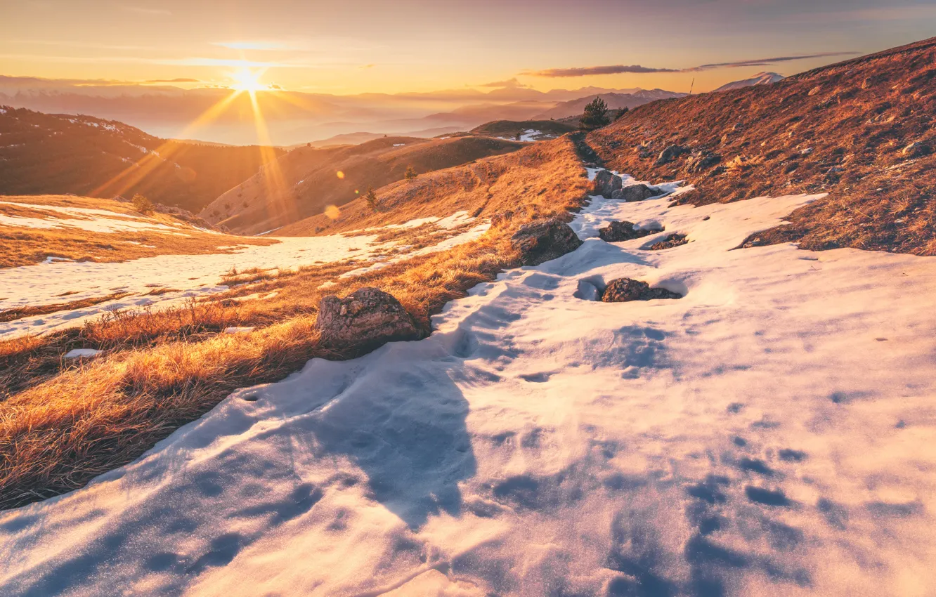 Photo wallpaper grass, snow, mountains, fog, rocks, the evening, grass, mountains