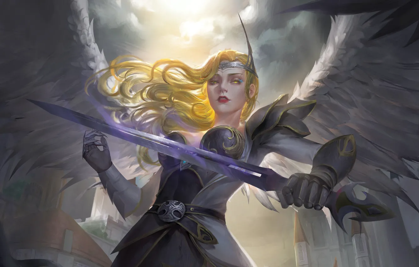 Photo wallpaper look, girl, weapons, wings, angel, sword, armor, fantasy