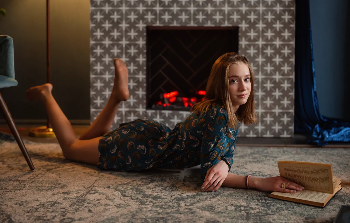 Photo wallpaper girl, room, barefoot, dress, book, fireplace, barefoot, Gennady Misyutin