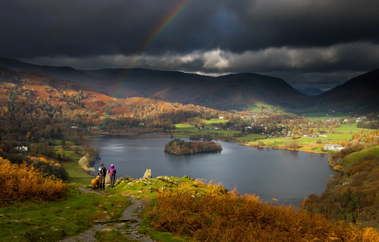 Photo wallpaper mountains, shore, people, rainbow, pair, pond