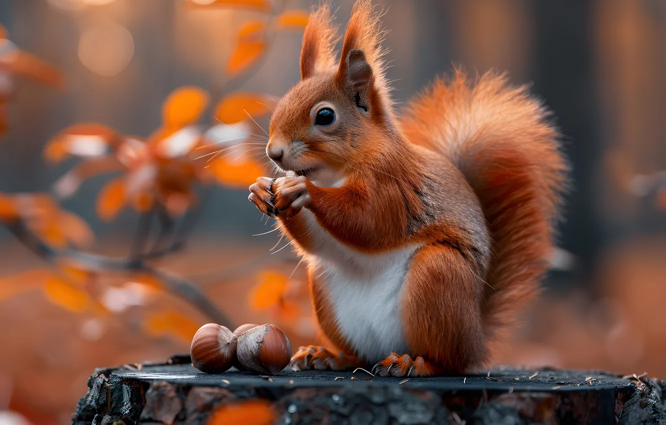 Photo wallpaper autumn, stump, protein, nuts, hazelnuts, AI art, neural network