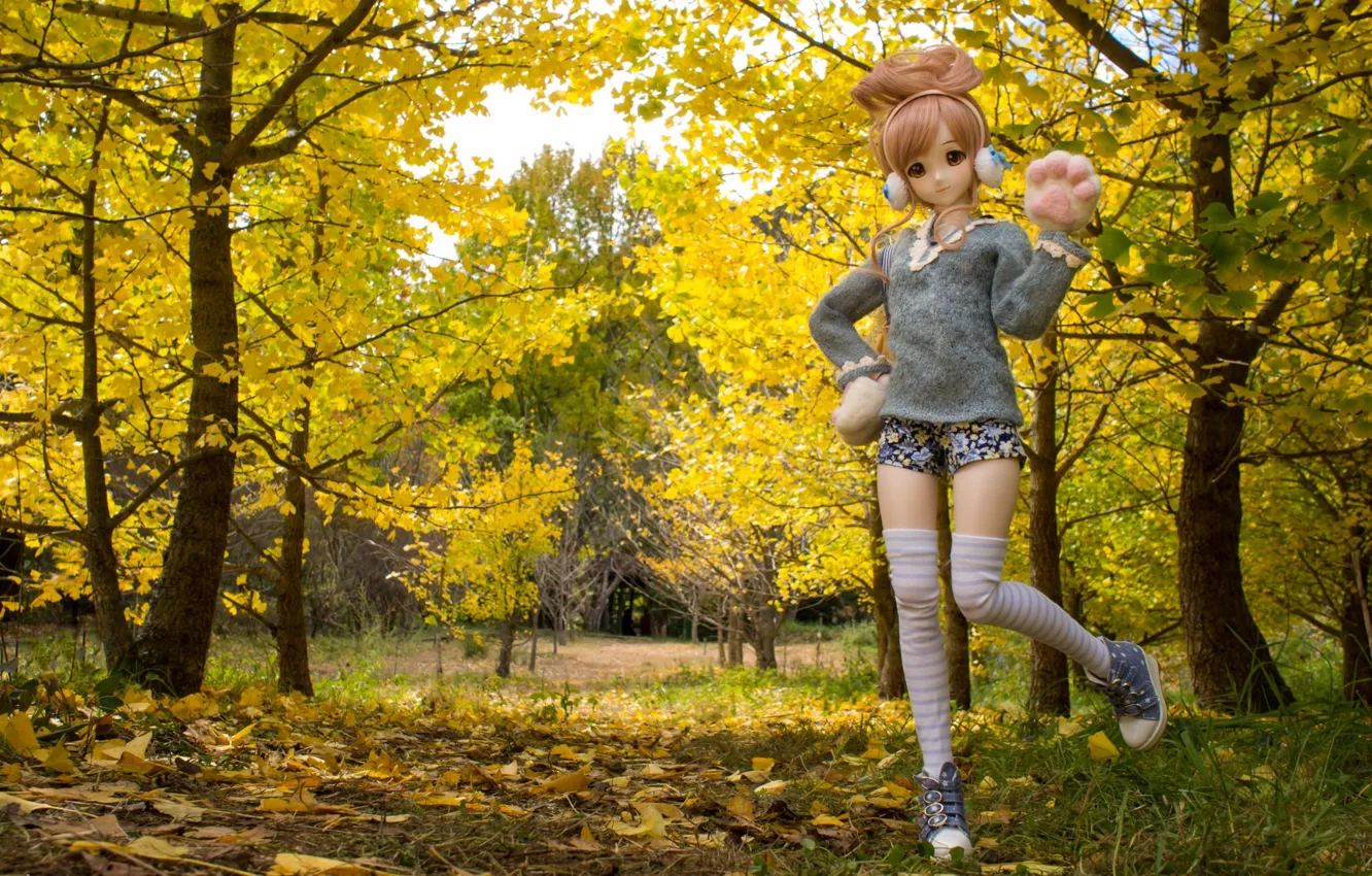 Photo wallpaper autumn, leaves, trees, nature, toy, doll
