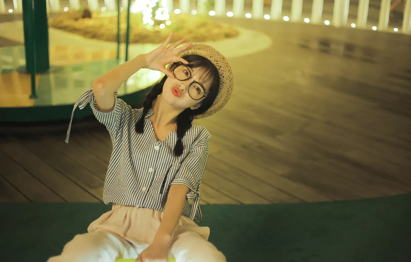 Photo wallpaper lights, hat, woman, night, beautiful, model, pretty, asian