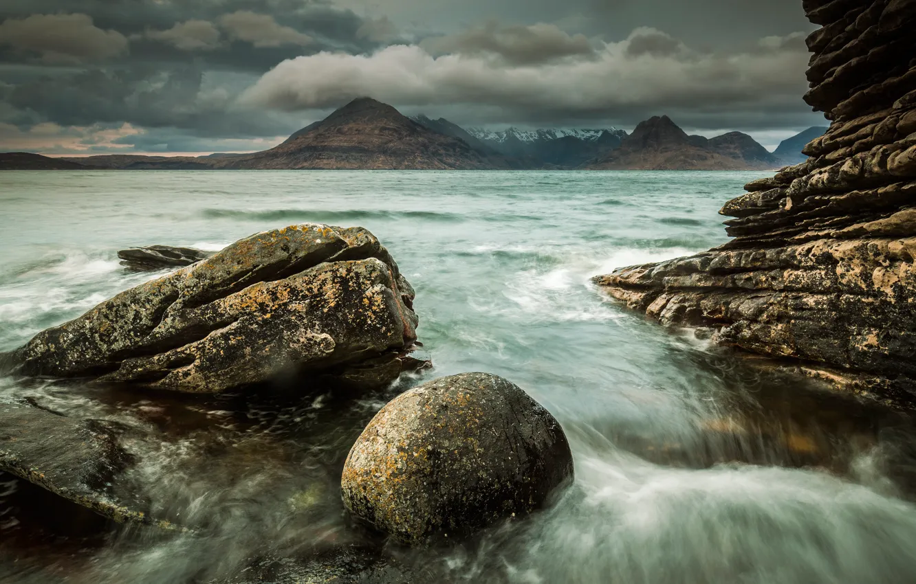 Photo wallpaper sea, wave, the sky, water, clouds, landscape, mountains, clouds