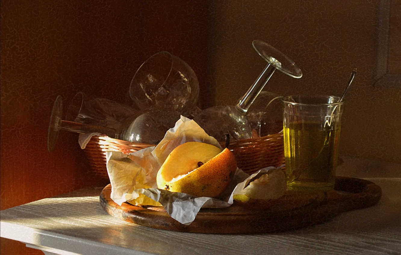 Photo wallpaper glass, wine, basket, bottle, glasses, spoon, dishes, pear