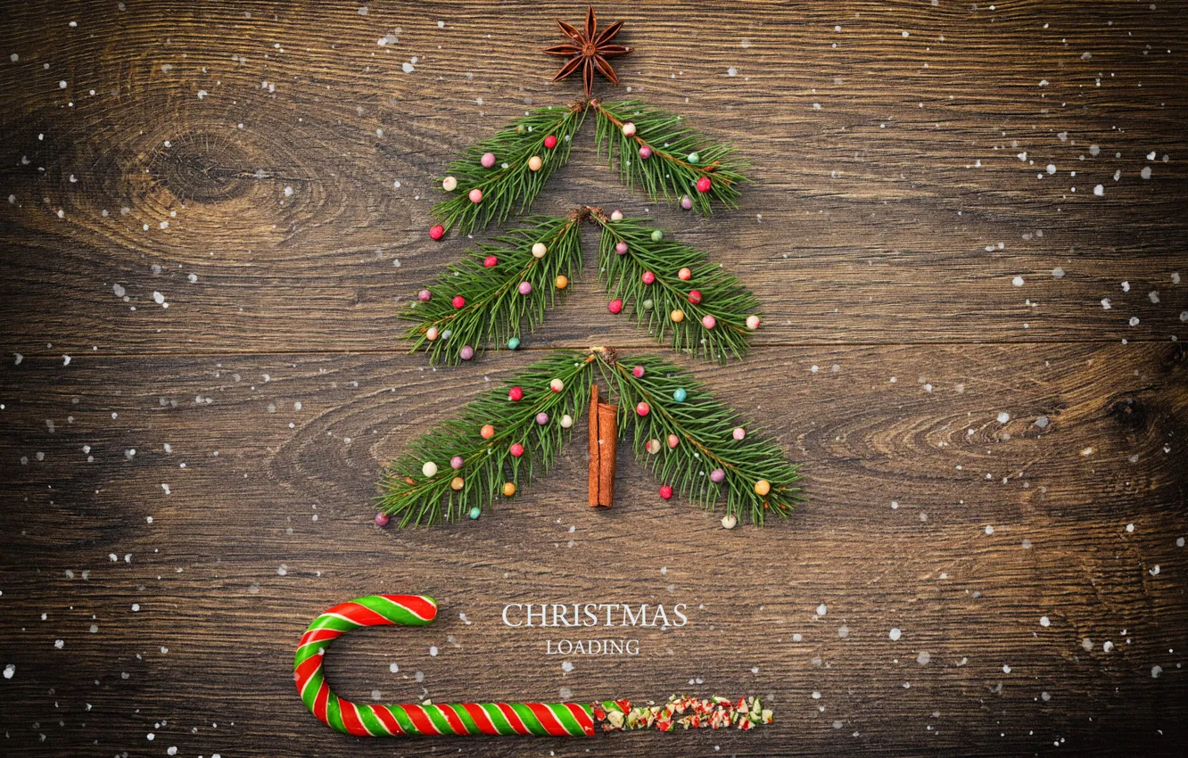 Photo wallpaper stars, balls, snow, trees, branches, sprig, Board, new year