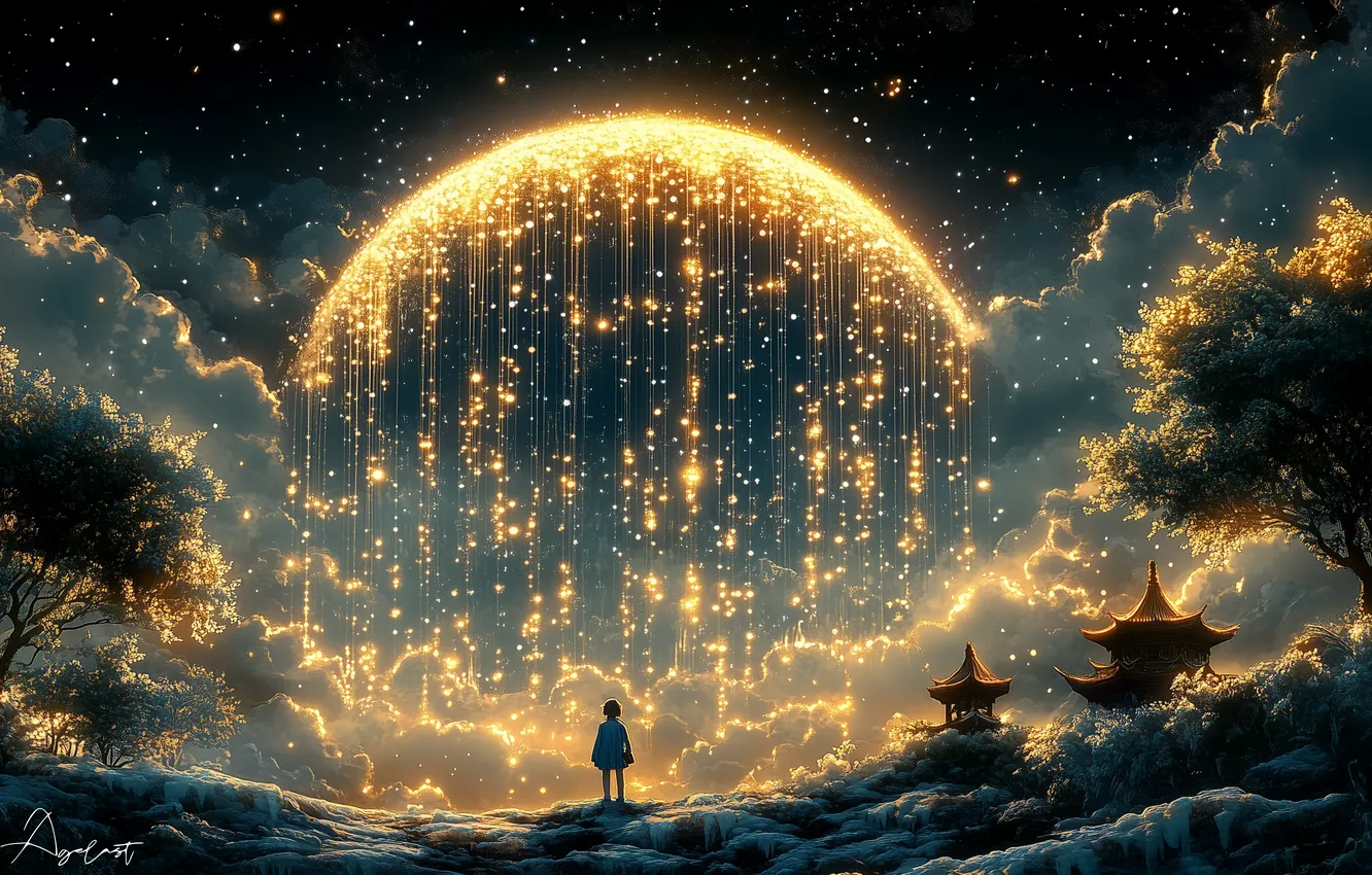 Photo wallpaper the sky, clouds, trees, night, nature, the moon, boy