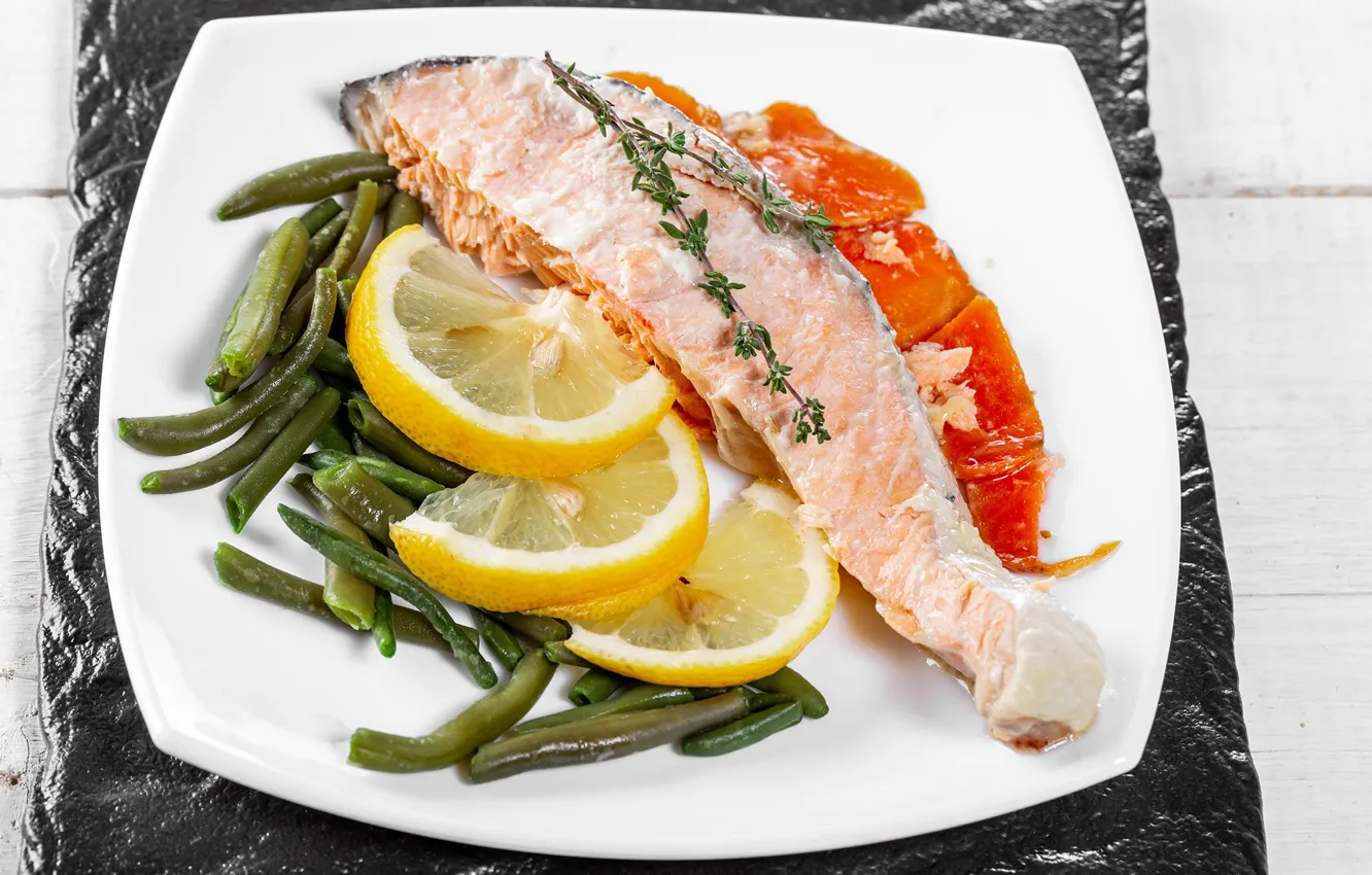 Photo wallpaper lemon, fish, plate, vegetables, dish