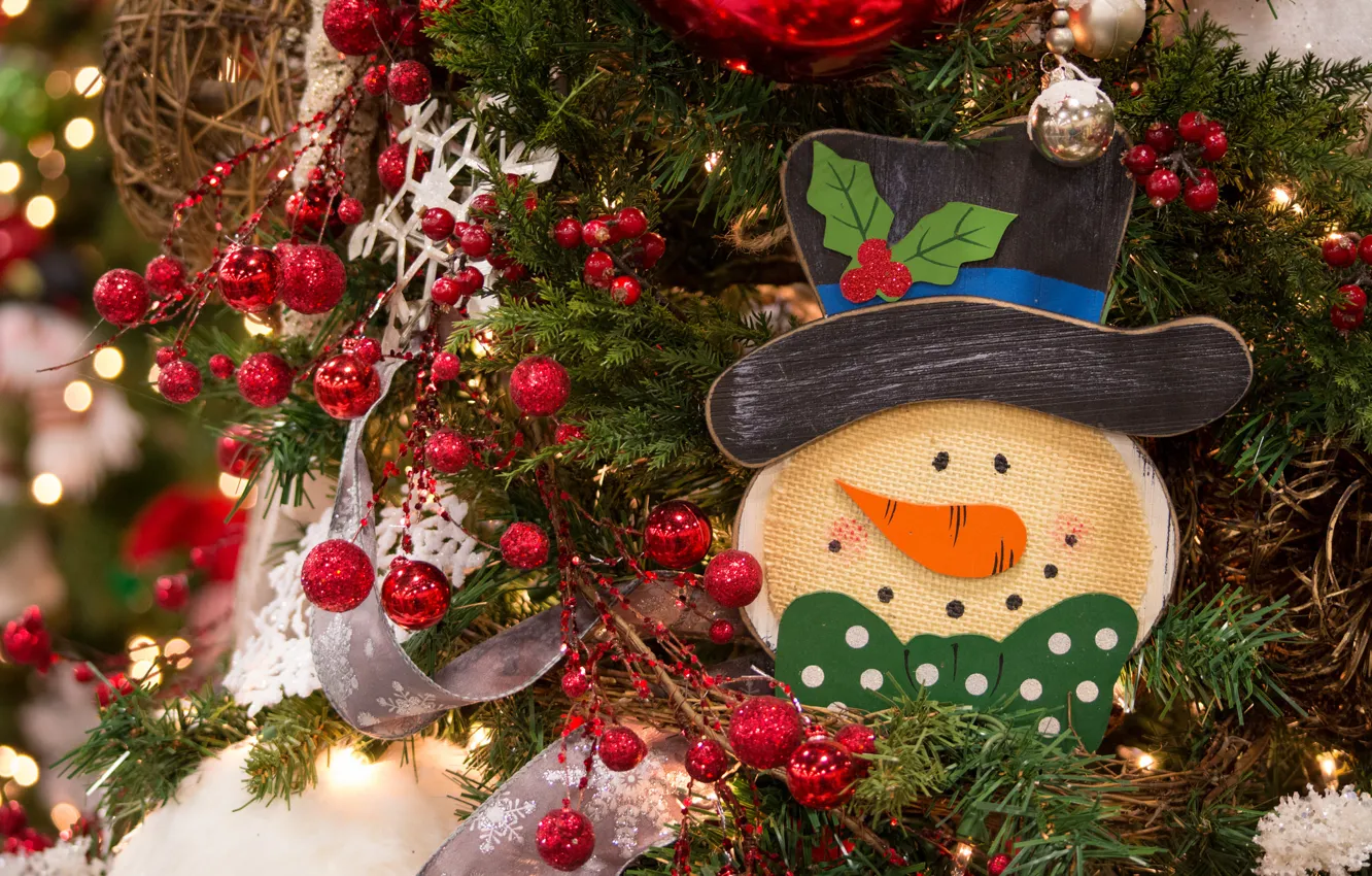 Photo wallpaper decoration, tree, snowman, tinsel