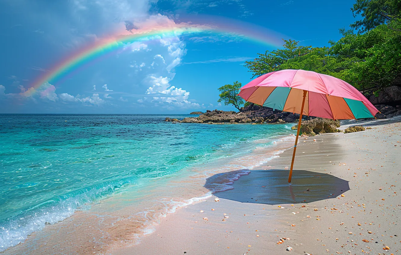 Photo wallpaper sand, sea, beach, summer, rainbow, umbrella, colorful, summer