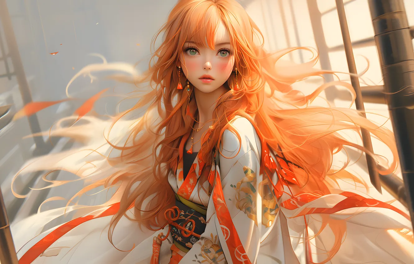 Photo wallpaper long hair, women, redhead, digital art, sunlight, necklace, kimono, earring